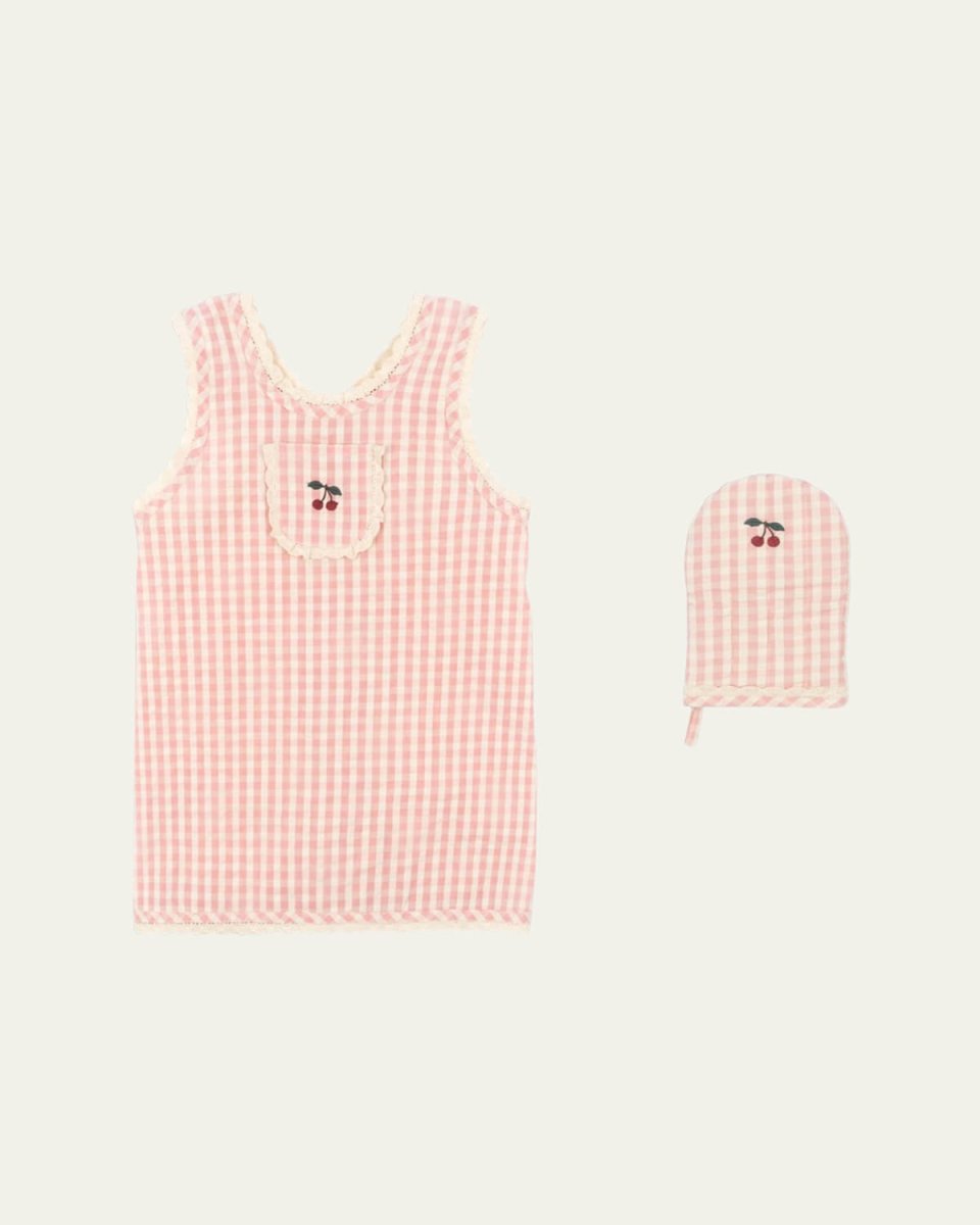 Girl's Gingham-Print Frill Apron & Mitten Set